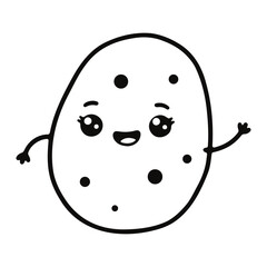 A cartoon potato with a cute face and waving arms isolated on a white background in a simple line drawing