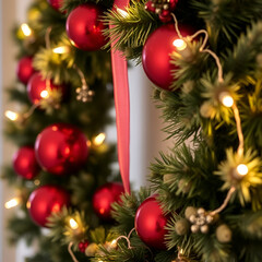 Close-up of a festive wreath adorned with red ornaments and twinkling lights.