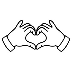 Two hands forming a heart shape with fingers in a simple black and white line drawing illustration style