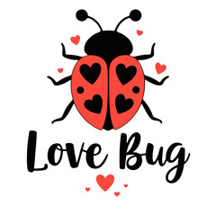 Illustration of a ladybug with heart shaped spots and the words love bug in black lettering