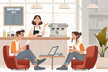 Flat vector illustration of a diverse business team working remotely at a coffee shop with laptops