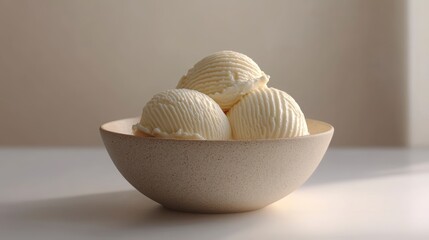 Three scoops of creamy vanilla ice cream in a speckled ceramic bowl