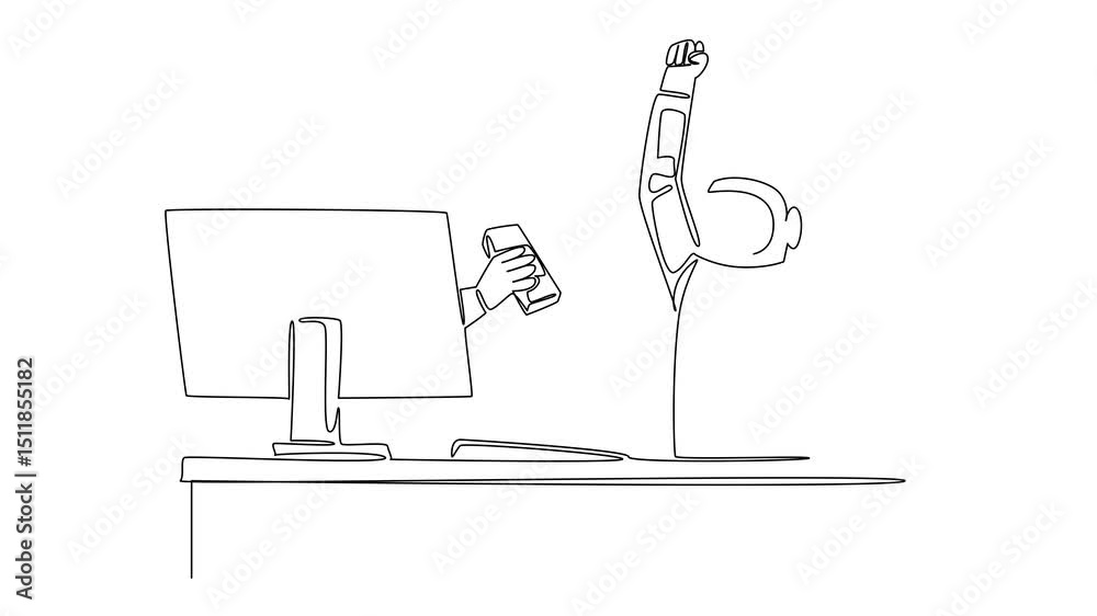 Poster animated self drawing of one line drawing hand of astronaut out of the monitor screen while holding 