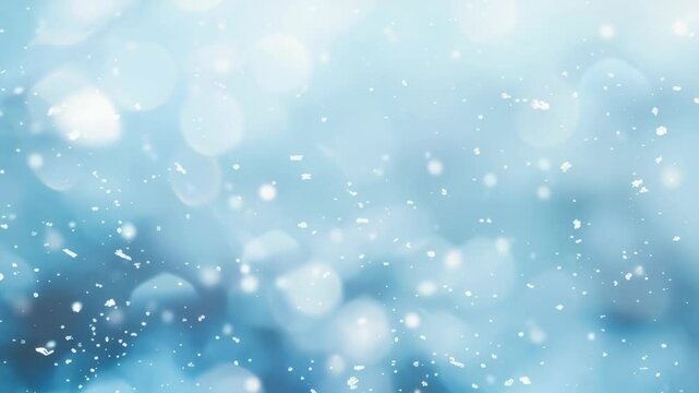 Abstract blue background featuring bokeh lights and scattered snowflakes. The scene evokes a calm, dreamy winter atmosphere, with a soft focus emphasizing light and texture.