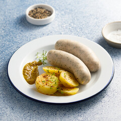 White sausages with potato salad and mustard