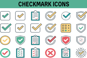 Checkmark icon set. Containing check, accept, agree, selected, confirm, approve, correct, complete, checklist, and verified icons.