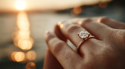 Close-Up of Elegant Diamond Ring on Woman's Hand with Sunset Reflection Over Water in the Background Highlighting Beauty and Glamour