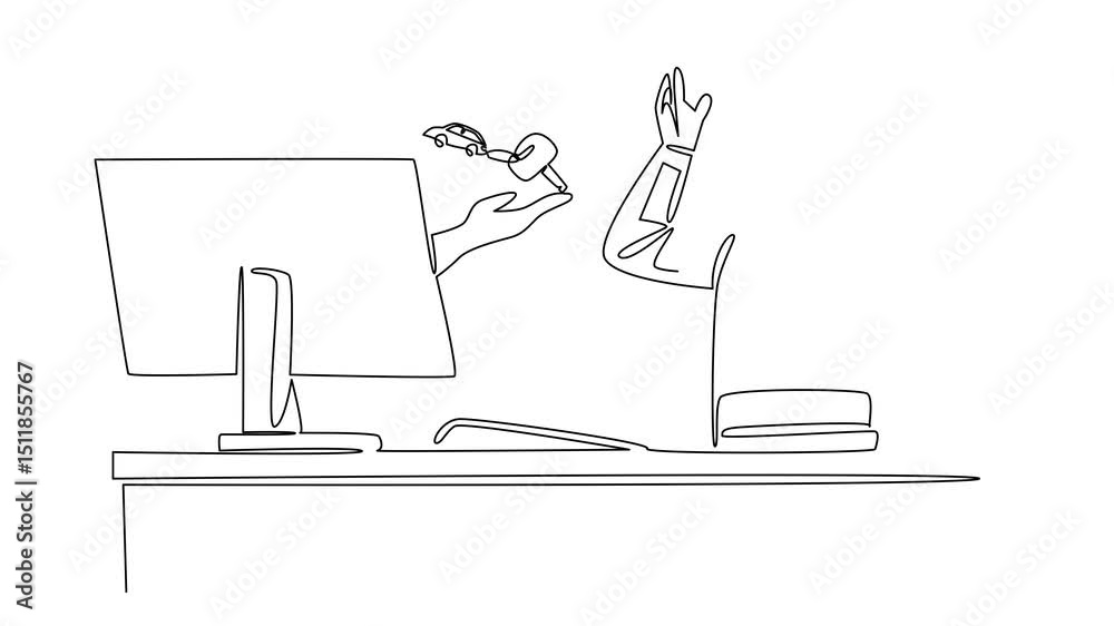 Poster self drawing animation of single continuous line drawing hand of astronaut out of the monitor screen