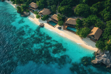 Obraz premium Aerial view of beach and resort.