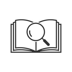 Outline book and magnifier search icon isolated.