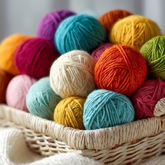 Colorful Yarn Balls in Basket Knitting Supplies Crochet Materials Craft Textures on white background