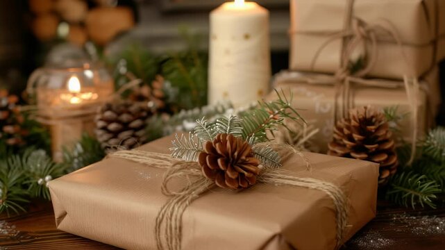 A warmly lit scene featuring gifts wrapped in kraft paper, tied with twine, and decorated with pine cones. Candles and greenery add to the cozy, festive ambiance of the holiday setting.