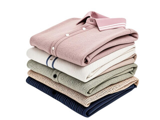 pile of colorful sweaters and shirts folded in soft knitted texture on white background