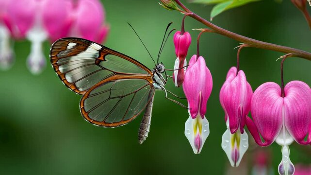 Close-up of a glasswing butterfly resting on bleeding heart flowers.