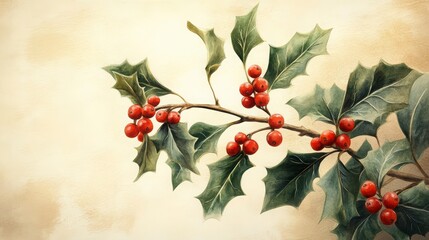 Watercolor Painting of Holly Branch with Red Berries on Parchment Background