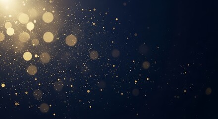 Abstract Gold Glitter Particles Floating on Dark Blue Background