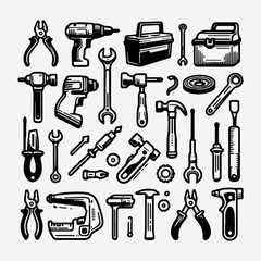 Obraz premium Collection of essential mechanic tools and hardware icons for repair, construction, and DIY projects. Industry concept