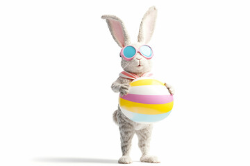 Cool bunny in sunglasses holding a striped Easter egg like a beach ball.