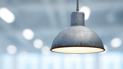 Obraz premium Close up of modern, industrial style hanging pendant light with concrete finish, illuminating space with soft glow