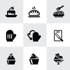 Black Food Icon Vector Set – Silhouette Cooking, Kitchen, Drink, Fruit, Vegetable, Chef, Cutlery, Seafood, and Meal Icons – Simple Clip Art for Menu Design, Packaging, and Graphic Projects

