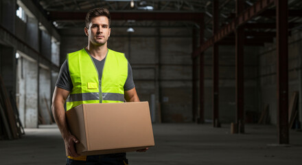 Portrait of a Man Carrying a Cardboard Box in a Large Warehouse