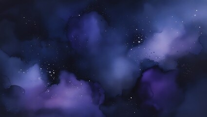 Abstract watercolor painting of the dark night sky with stars and nebulae in blue and purple hues