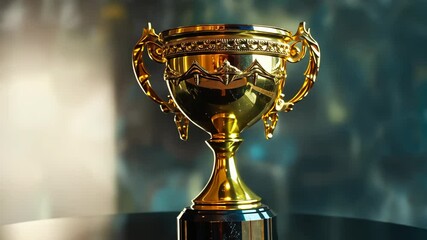 A shining trophy atop a table celebrates athletes' wins at the annual sports competition in the busy downtown arena