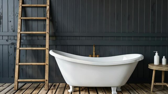 Elegant bathroom features a vintage clawfoot tub, wooden ladder, and simple decor, creating a serene and stylish atmosphere