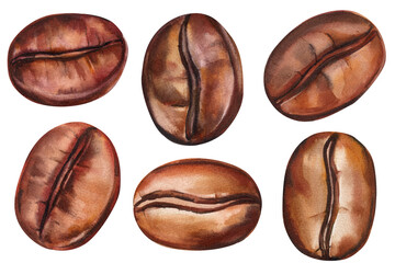 Watercolor coffee beans set, hand painted roasted arabica espresso brown seeds, gourmet drink ingredient illustration isolated