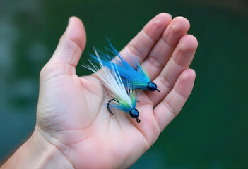 A hand holding two blue and white fishing lures