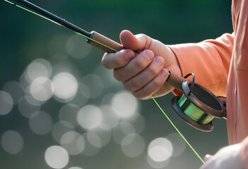 A man is holding a fishing rod with a green reel