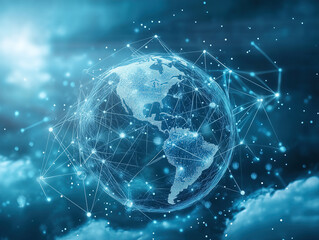 A blue globe with a network of lines surrounding it