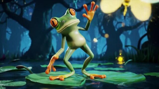 Funny Green Cartoon Frog Breakdancing on Lily Pad - 3D Animation