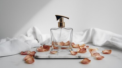 rose-scented diffuser in clear glass bottle on smooth marble tray, rose petals and bottle accents around the base, ultra-clean premium floral presentation, professional lighting and soft shadows