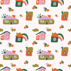 Home sweet home house silhouette with window, door and smoke seamless pattern. Funny houses of different shapes. Endless print background texture. Retro and vintage. Vector illustration.