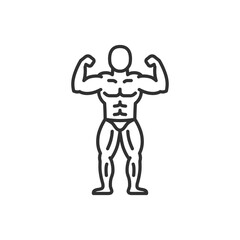 Bodybuilder front pose, linear icon. Full-body flex for physique competition. Line with editable stroke.