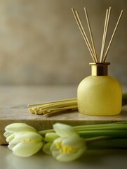 reed diffuser with yellow-green lemongrass oil, placed on polished stone surface, fresh lemongrass stalks beside bottle, bright natural aesthetic, perfect for herbal wellness branding