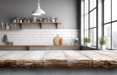 Rustic wooden countertop in a modern kitchen with blurred background space