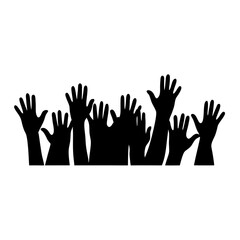Silhouette of diverse hands raised in unity and support for community