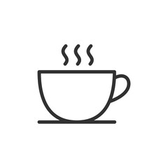 Hot coffee or tea cup, linear icon. Steaming beverage for break or morning routine. Line with editable stroke.