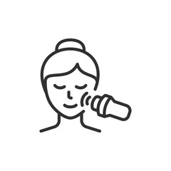 Woman using RF lifting device, linear icon. Anti-aging hardware facial treatment. Line with editable stroke.