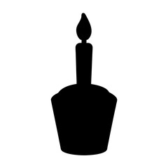 Simple black and white silhouette illustration of a cupcake with a candle
