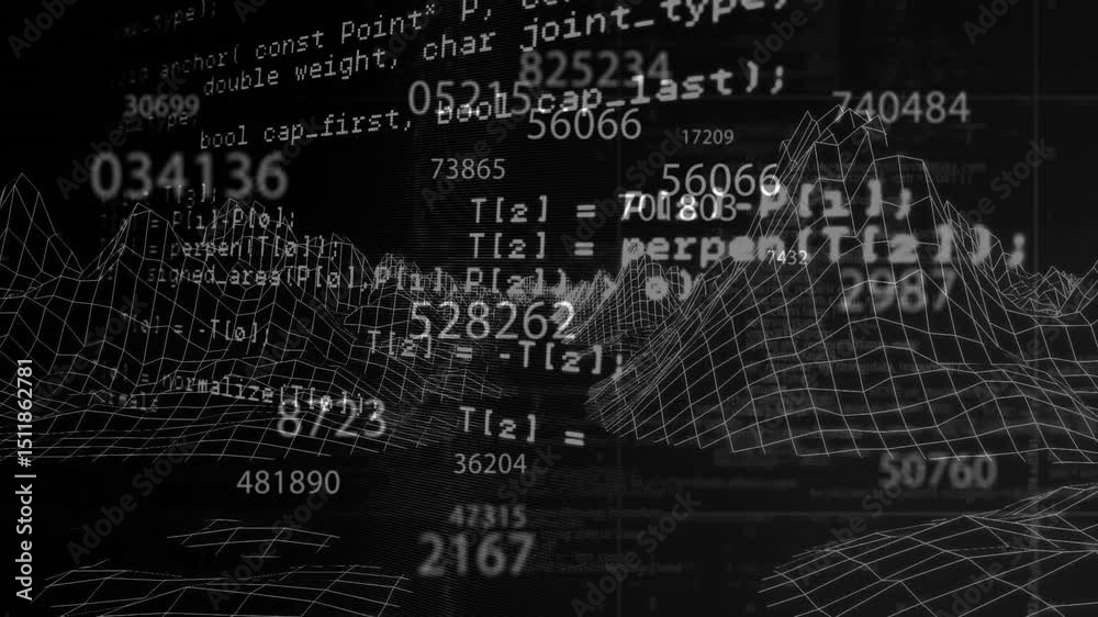 Poster initiating dark wireframe grid, overlaying code and data clusters, zooming inward showing data void