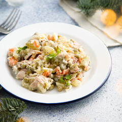 Traditional Russian salad with ham