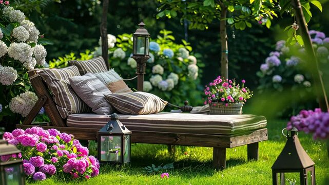 Enjoy a peaceful afternoon surrounded by blooming flowers and a cozy lounge area perfect for relaxation and tranquility