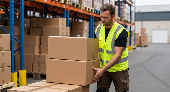Warehouse Worker Lifting Cardboard Boxes