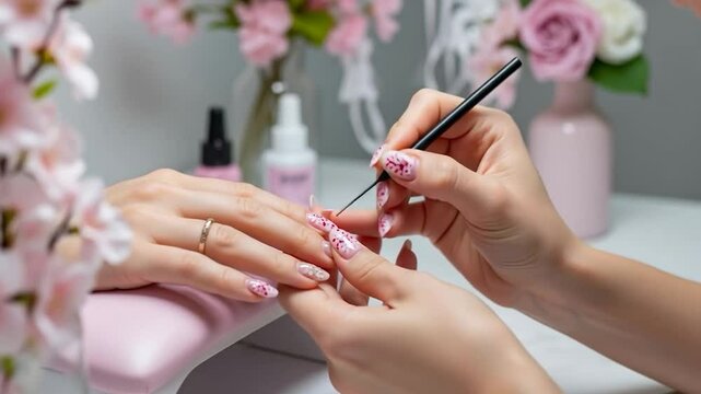 Applying intricate cherry blossom nail art with a fine brush in a beauty salon setting
