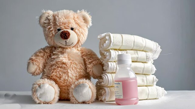 A soft teddy bear rests next to a stack of clean diapers and a bottle in a well-lit, minimalistic environment