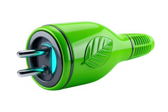 Green electric plug with leaf symbol isolated on transparent background