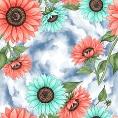 Sunflower floral pattern background colorful sunflowers flowers botanical illustration design art decor